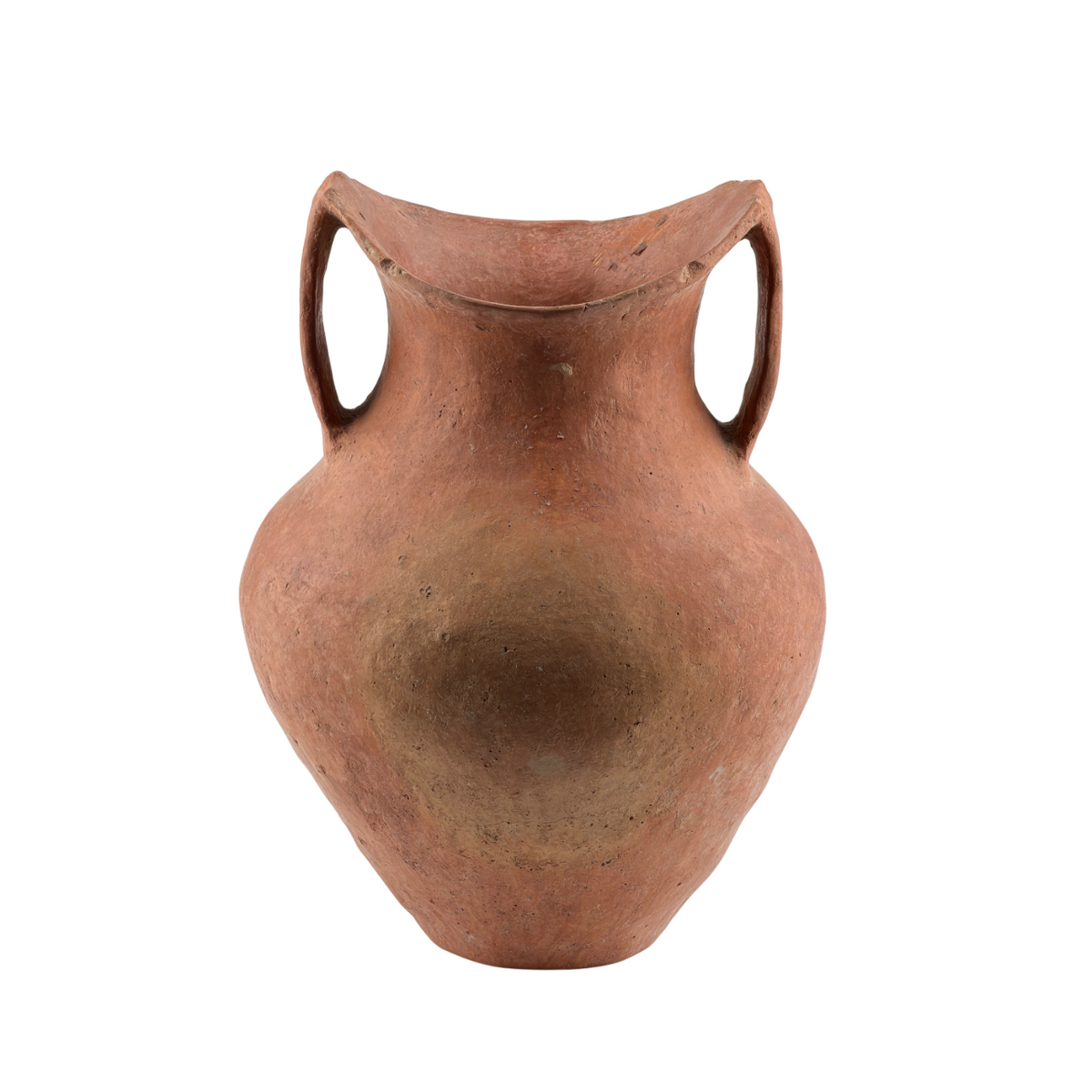 Neolithic Siwa Culture burnished pottery jar with reddish-brown body, ovoid form, and twin loop handles.