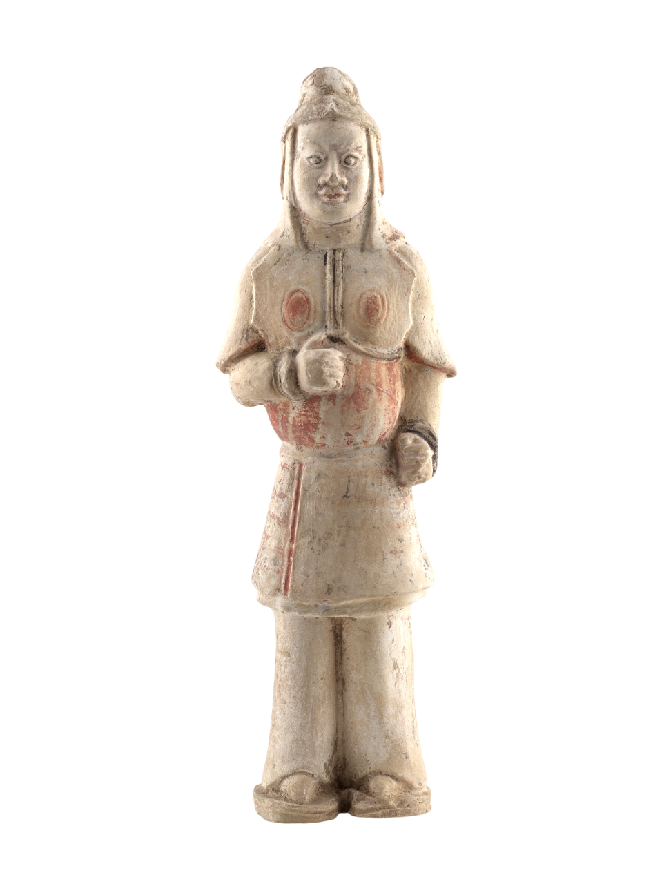 Sui-Tang Dynasty pottery warrior figure with raised arm, clenched fists, layered chest and shoulder armor, and original pigments.