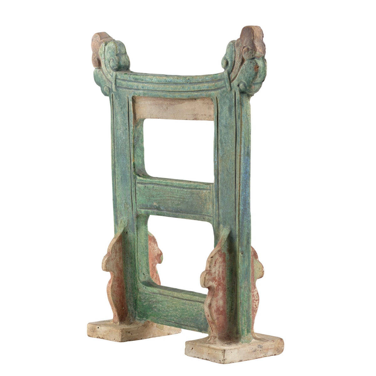 Ming Dynasty green-glazed pottery miniature gate with wooden-style posts, crossbars, decorative finials, and iridescent glaze.