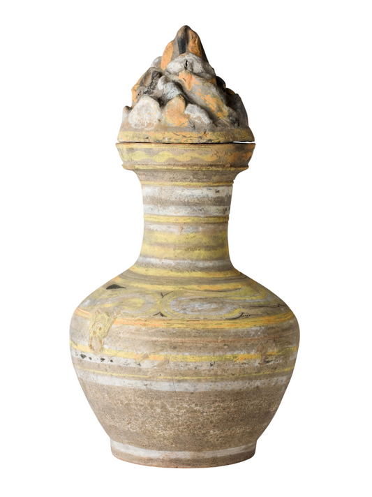Han Dynasty earthenware pottery jar with mountain-shaped cover, painted yellow, white and black bands, and circular motifs.