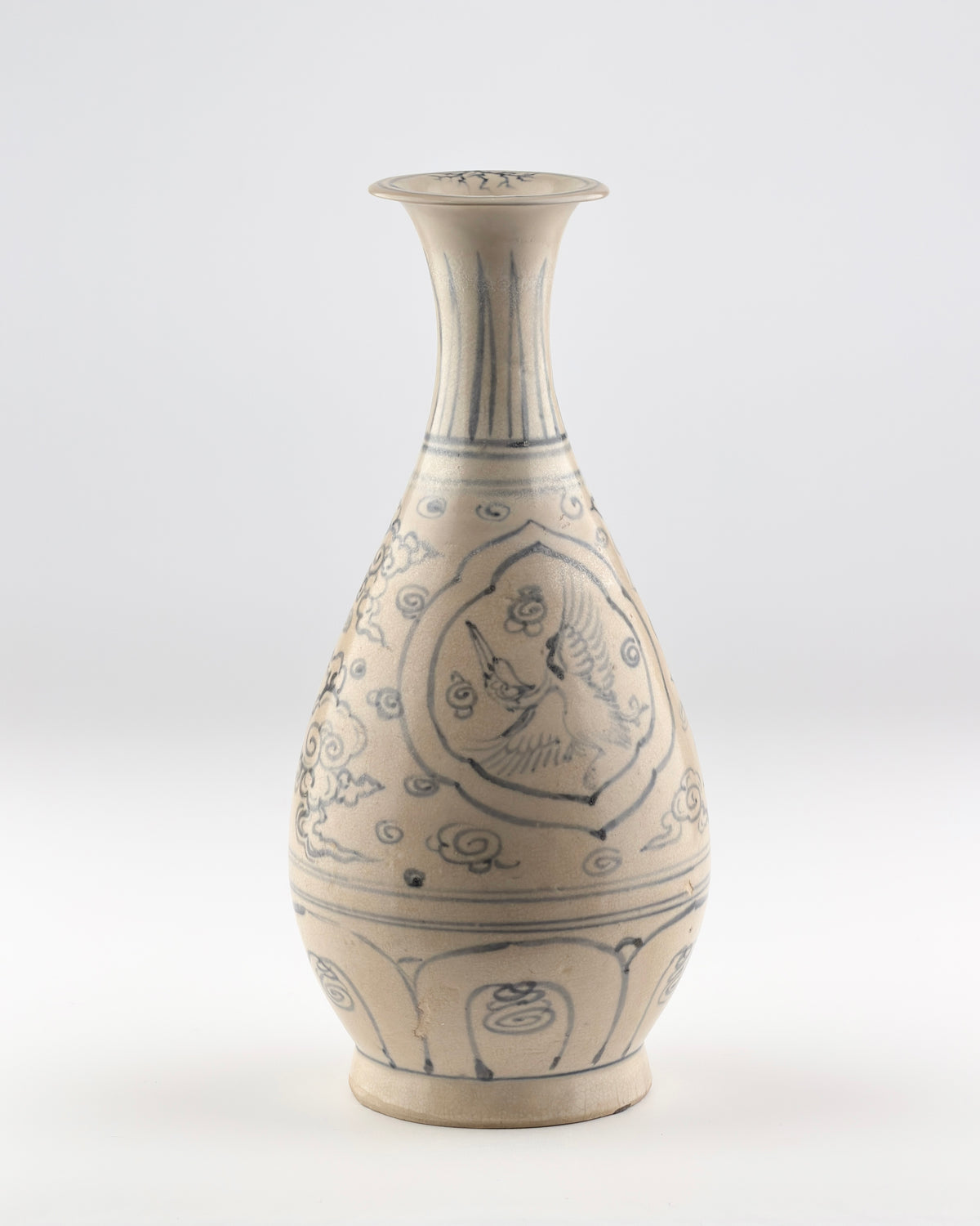 Vietnamese Le Dynasty Annamese stoneware Yuhuchun vase with cobalt blue underglaze bird and floral motifs.