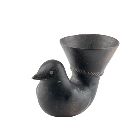 Majiayao culture blackware bird-shaped pottery vessel with burnished black surface and funnel-shaped spout.