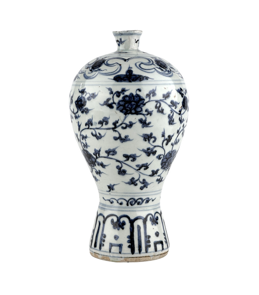 Ming Dynasty blue and white porcelain meiping vase with cobalt peony scrolls, cloud motifs, and lotus petal decoration.