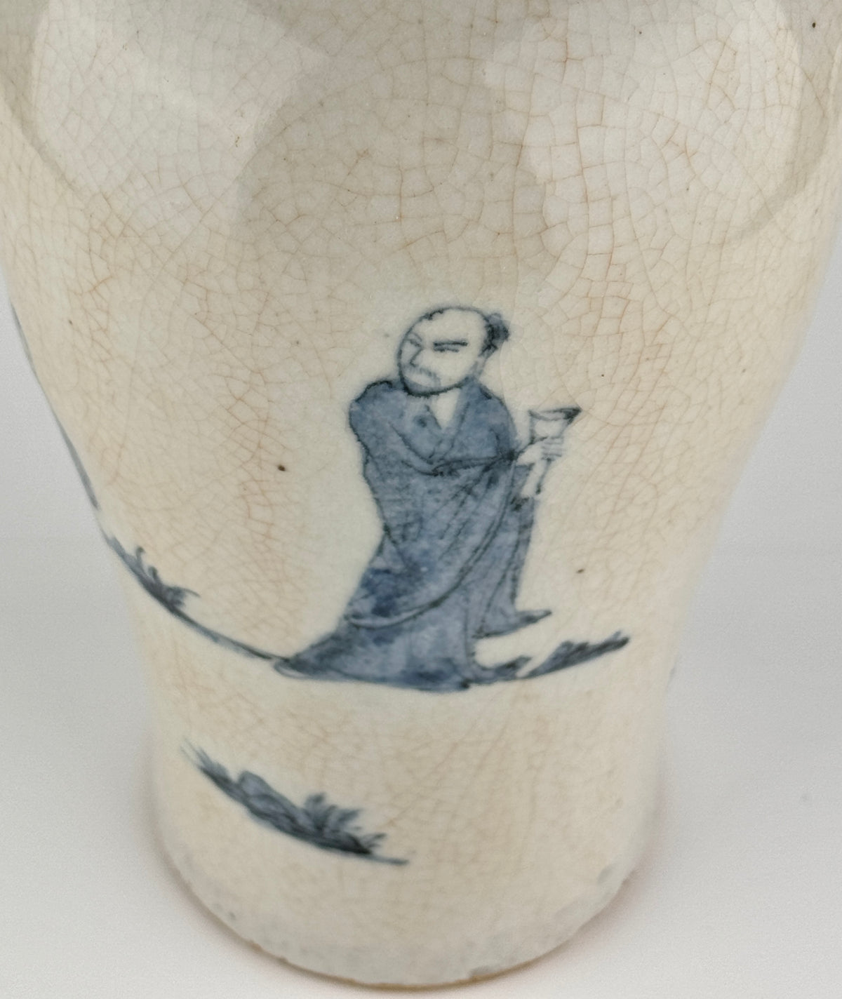 Blue and white porcelain meiping vase with scholar and attendant figures in a landscape, cobalt decoration, Late Qing-Republic Period.