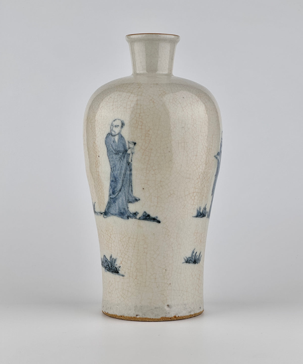 Blue and white porcelain meiping vase with scholar and attendant figures in a landscape, cobalt decoration, Late Qing-Republic Period.