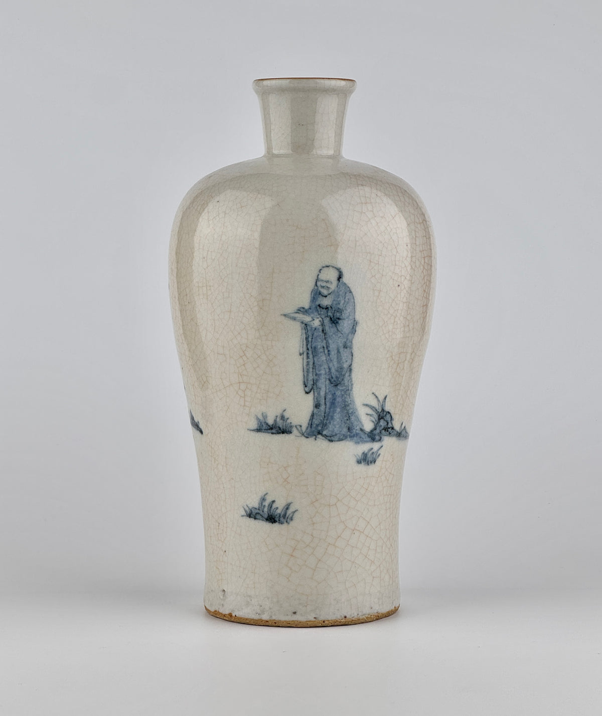 Blue and white porcelain meiping vase with scholar and attendant figures in a landscape, cobalt decoration, Late Qing-Republic Period.