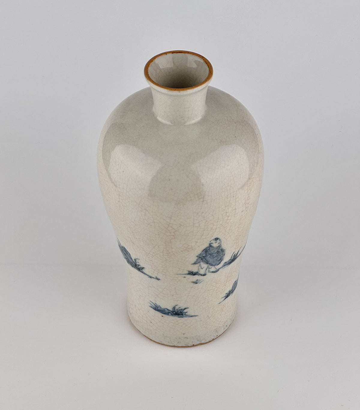 Blue and white porcelain meiping vase with scholar and attendant figures in a landscape, cobalt decoration, Late Qing-Republic Period.