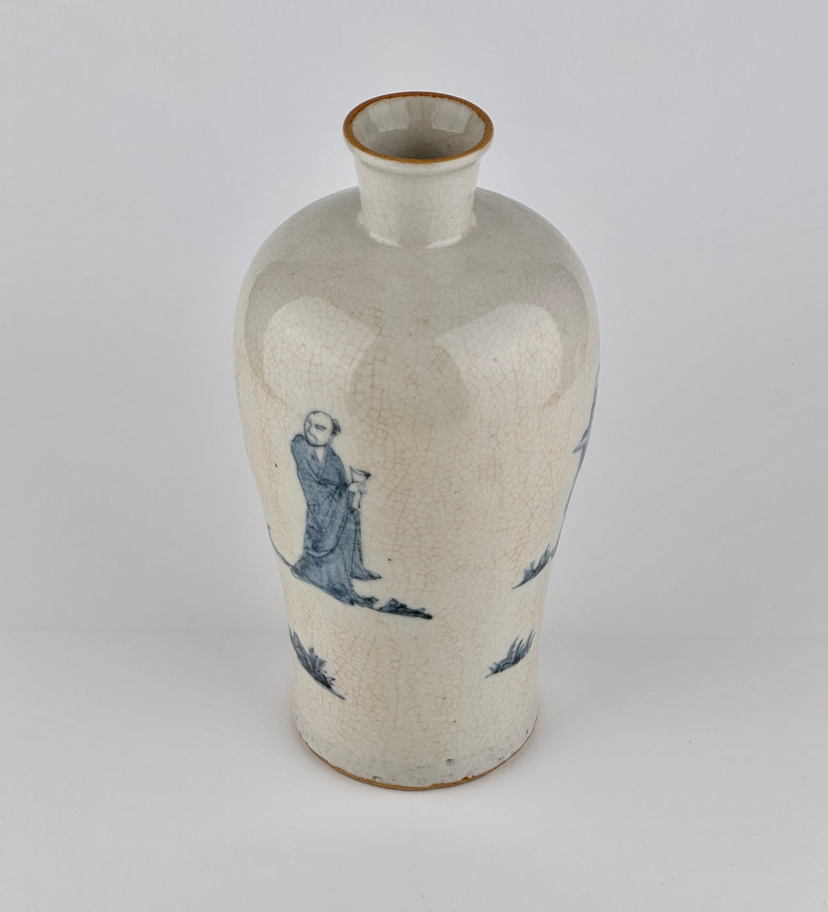 Blue and white porcelain meiping vase with scholar and attendant figures in a landscape, cobalt decoration, Late Qing-Republic Period.