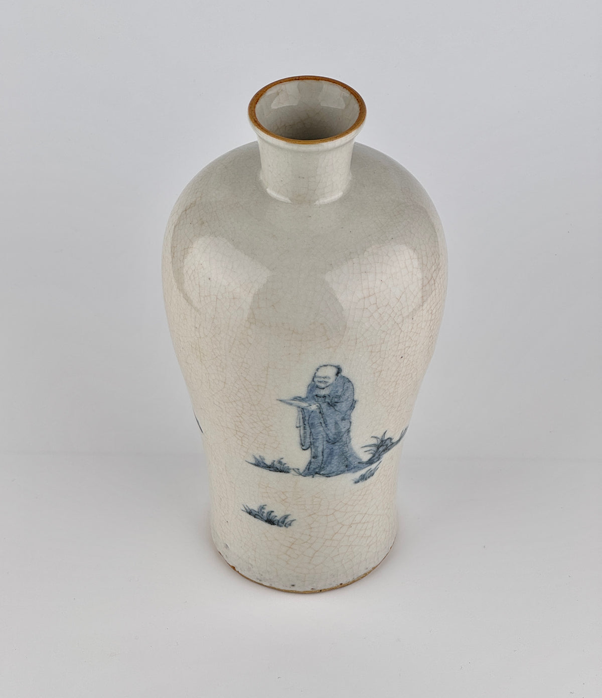 Blue and white porcelain meiping vase with scholar and attendant figures in a landscape, cobalt decoration, Late Qing-Republic Period.