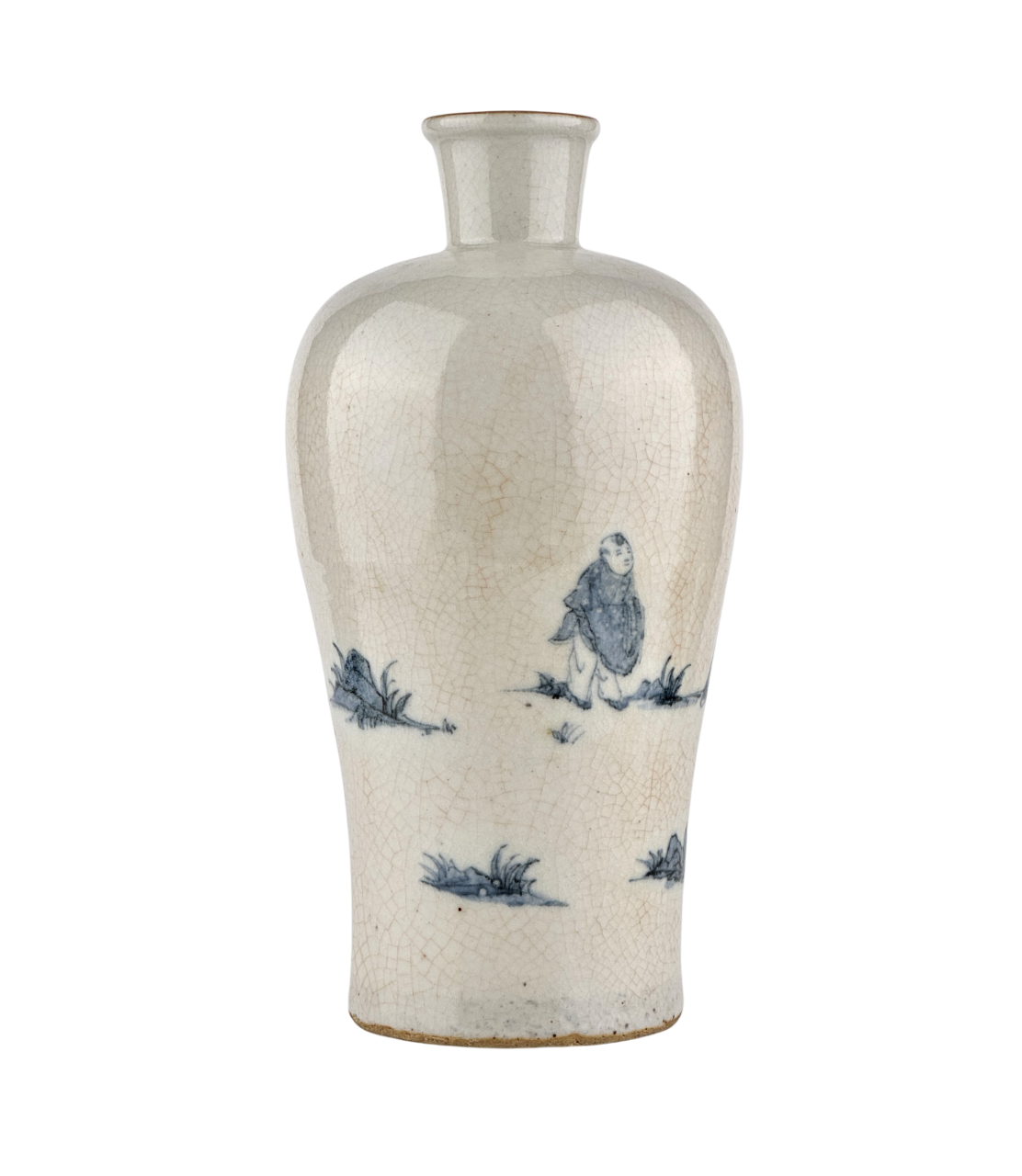 Blue and white porcelain meiping vase with scholar and attendant figures in a landscape, cobalt decoration, Late Qing-Republic Period.