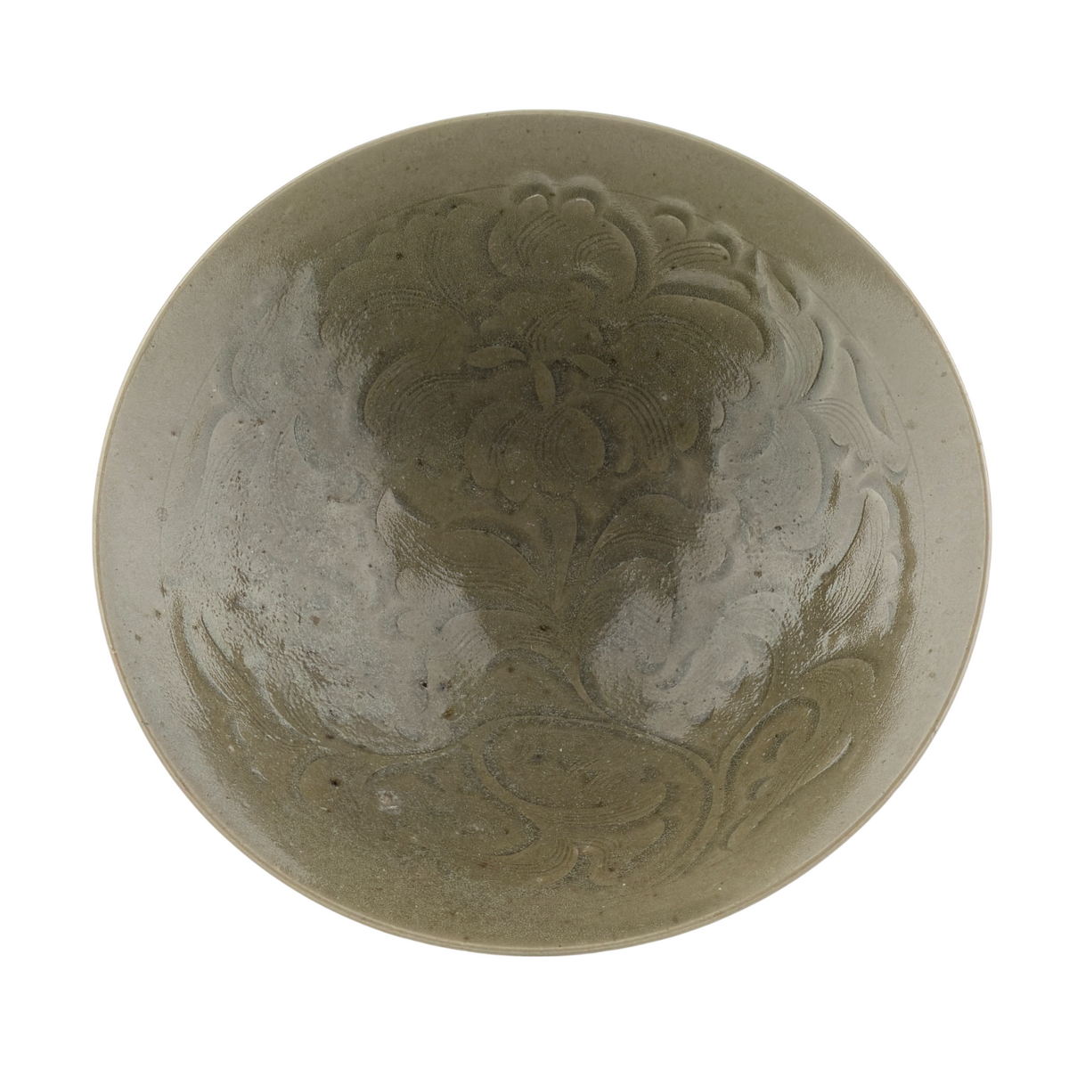 Song Dynasty Yaozhou celadon bowl with carved peony scroll, olive-grey glaze, flared sides, and vertical fluting.