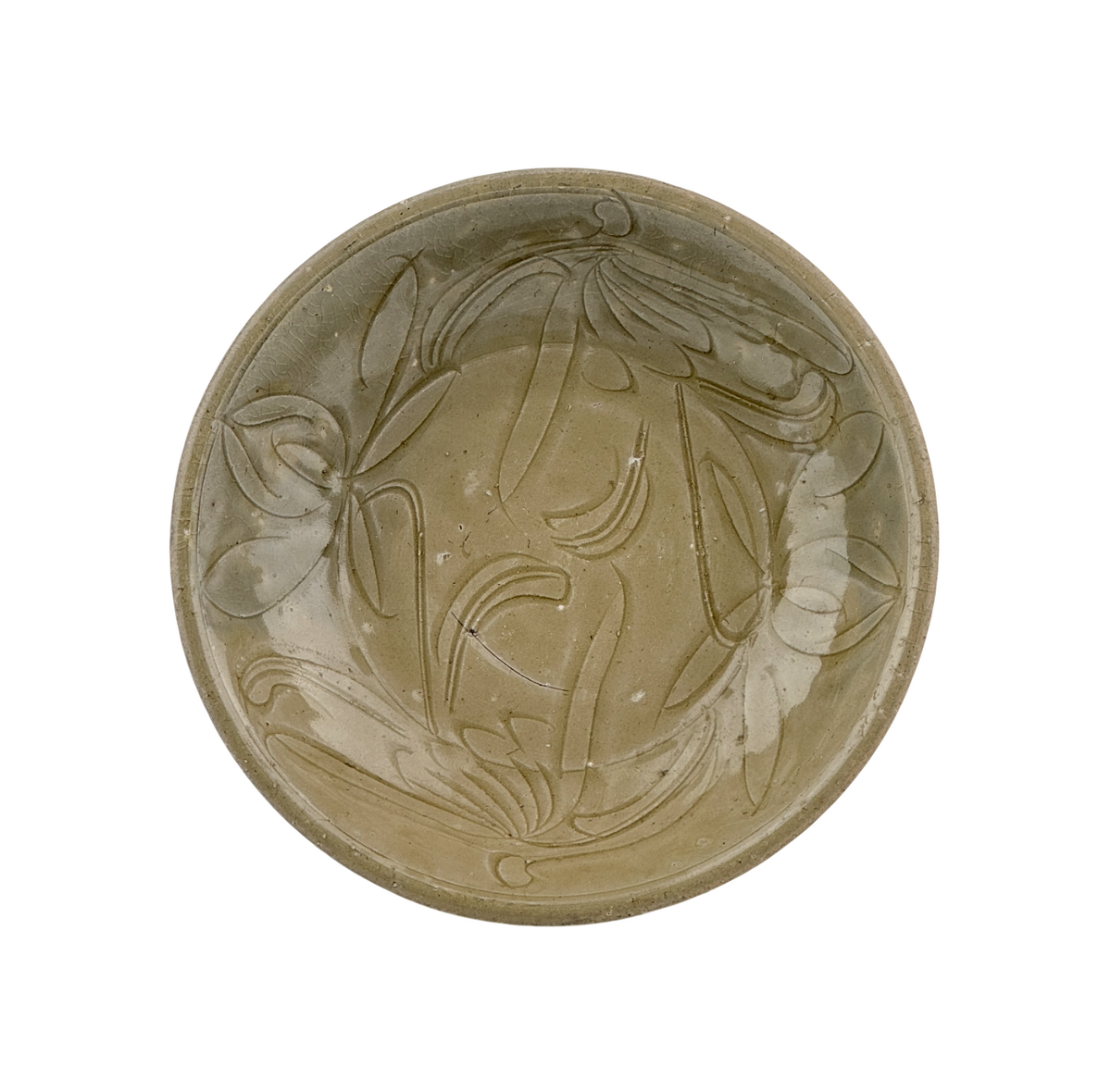 Song Dynasty celadon bowl with incised lotus flower and leaf patterns, soft grayish-green glaze, and fine surface crackling.