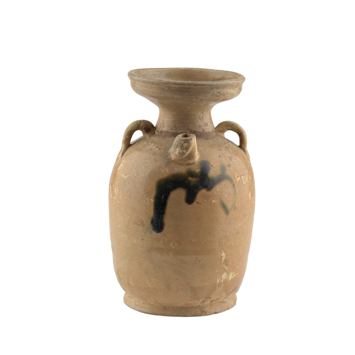 Tang Dynasty Changsha stoneware ewer with iron-brown splashes, loop handle, short spout, and pale buff glaze, 9th century Hunan.