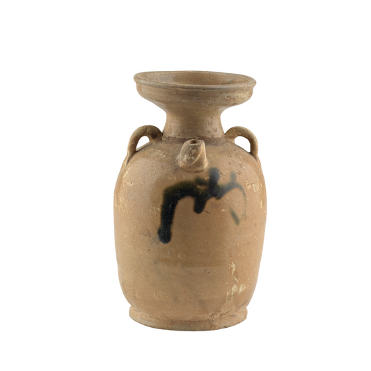 Tang Dynasty Changsha stoneware ewer with iron-brown splashes, loop handle, short spout, and pale buff glaze, 9th century Hunan.