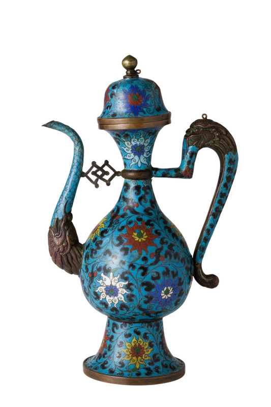 Antique Chinese cloisonné enamel ewer with turquoise floral motifs, phoenix-shaped handle, domed lid, and brass body.