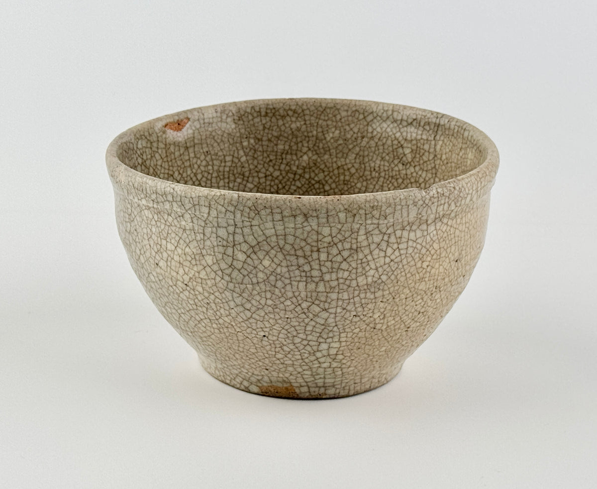 Chinese crackle-glazed ceramic bowl with rounded form, pale grey-yellow glaze, and brown crackle network, Qing or Song Dynasty.