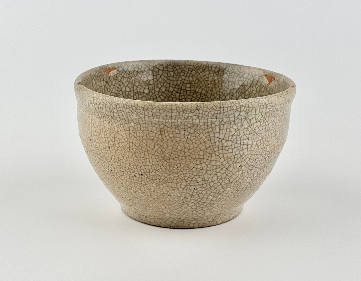 Chinese crackle-glazed ceramic bowl with rounded form, pale grey-yellow glaze, and brown crackle network, Qing or Song Dynasty.