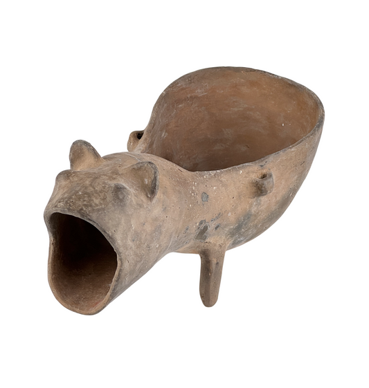 Ancient Yi culture terracotta zoomorphic ewer with bear-like head, oval pouring spout, and unglazed yellow-brown earthenware, 8th–4th century BCE.