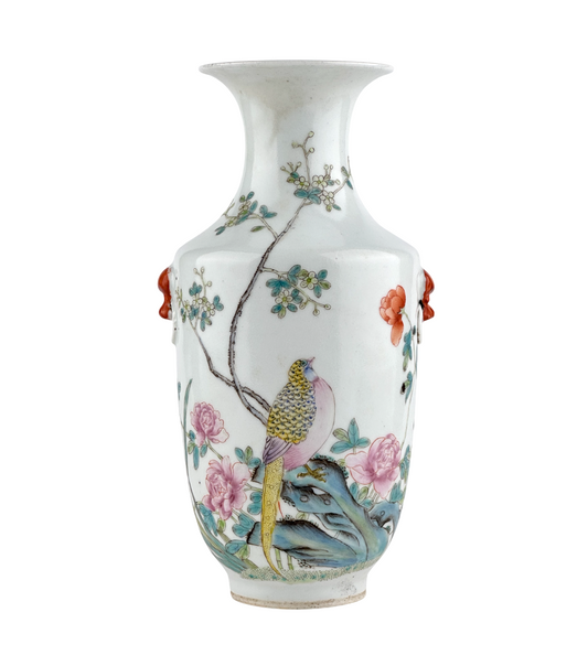 Famille rose porcelain vase, Late Qing-Republic period, with golden pheasant, peonies, butterflies, and iron-red beast-head handles.