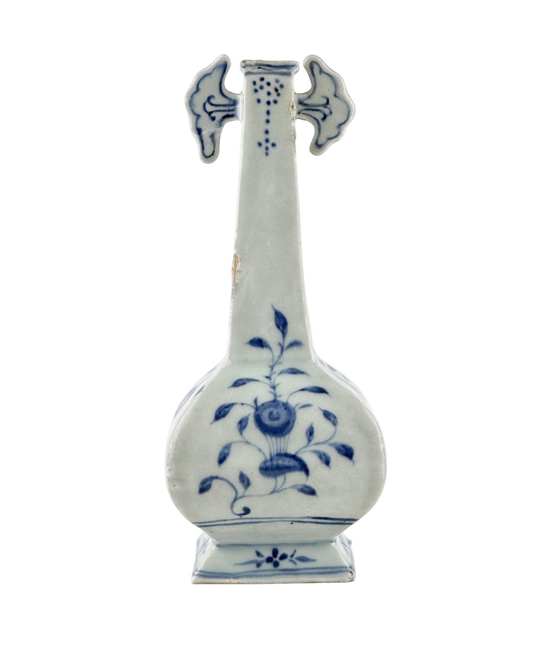 Ming-Qing blue and white porcelain four-sided vase with underglaze-blue floral scrolls and a softly glazed surface.