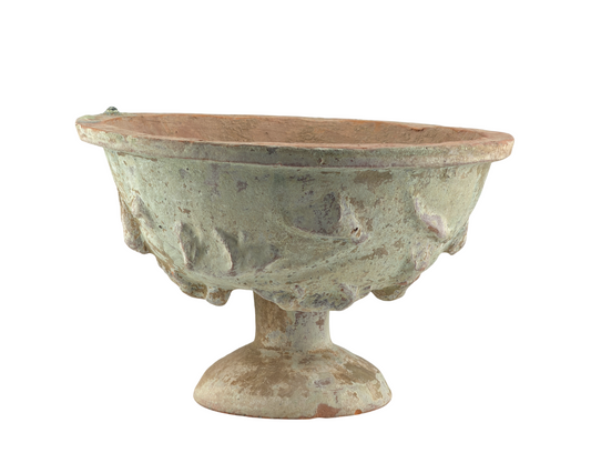 Han Dynasty green-glazed pottery high-footed bowl with deer, cicada, and animal motifs, featuring an aged green glaze.