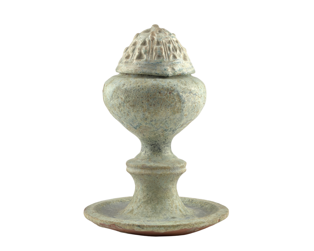 Han Dynasty green lead-glazed pottery Boshan censer with a mountain-shaped lid and ancient funerary design.