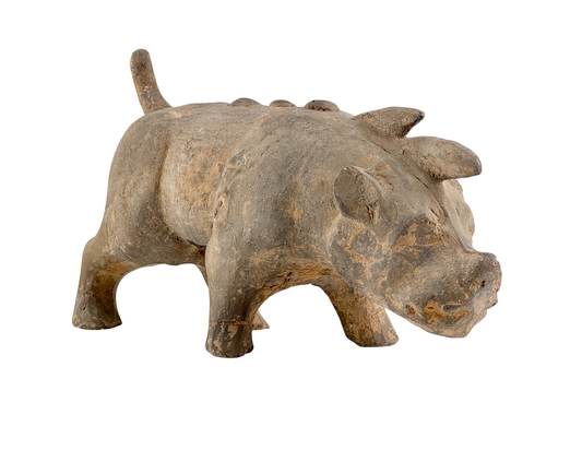 Han Dynasty grey pottery boar figurine with stout legs, modeled back, and natural aged patina, Chinese funerary mingqi sculpture.