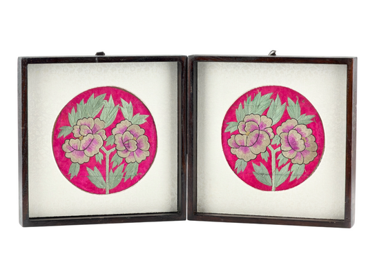 Korean Folk Embroidery (Jasu) Peony Roundels, Framed Pair