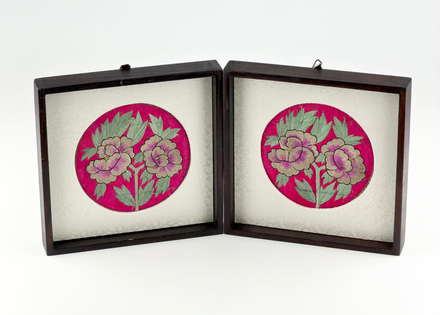 Korean Folk Embroidery (Jasu) Peony Roundels, Framed Pair
