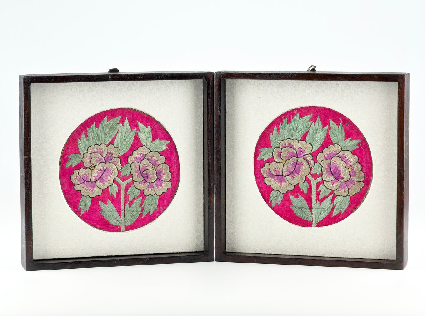 Korean Folk Embroidery (Jasu) Peony Roundels, Framed Pair