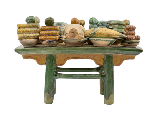 Green and Ochre Glazed Altar Table with Offerings, Ming Dynasty, 15~16th Century