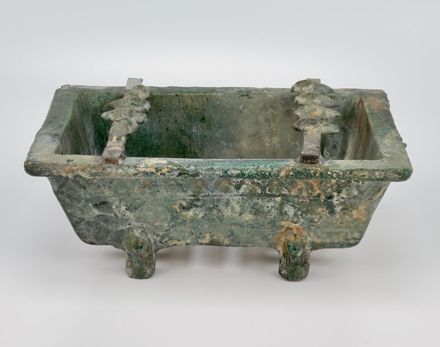 Rare Pottery Rectangular Brazier with cicadas in Green Glaze, Han Dynasty