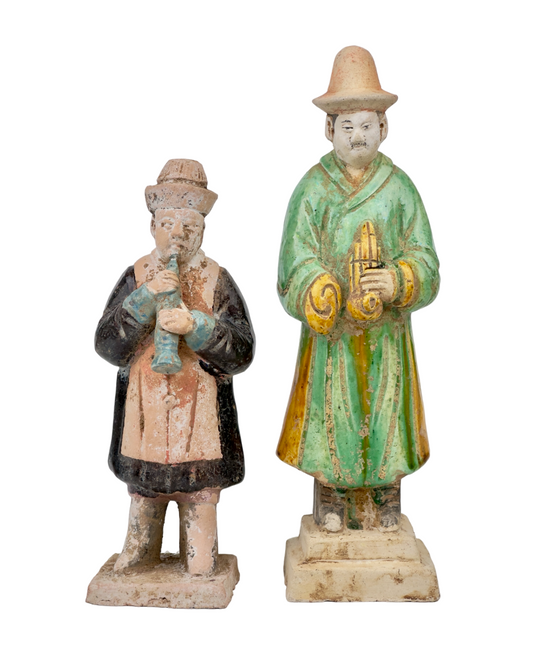 Two glazed figures playing the instrument, Ming Period (1368-1644)