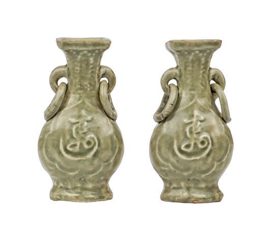 TWO MOLDED LONGQUAN CELADON 'FU SHOU' VASES, MING DYNASTY