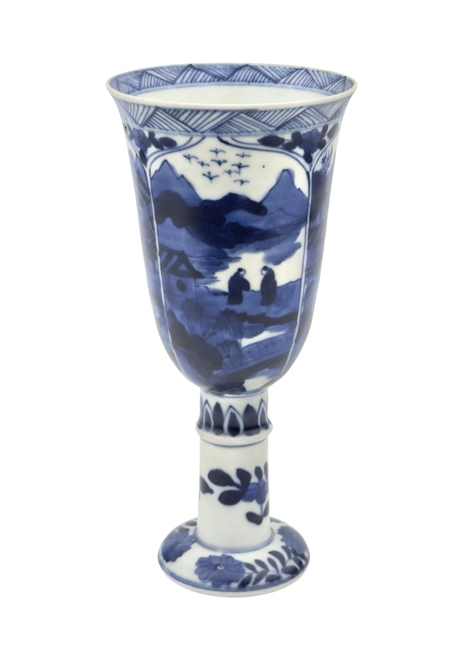 BLUE AND WHITE STEMCUP, QING DYNASTY, KANGXI ERA, CIRCA 1690