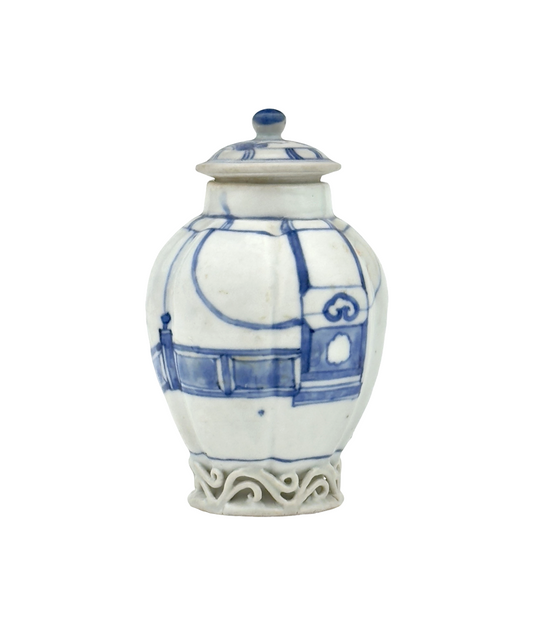 IMARI PAVILION PATTERN BLUE AND WHITE JAR CIRCA 1725, QING DYNASTY, YONGZHENG