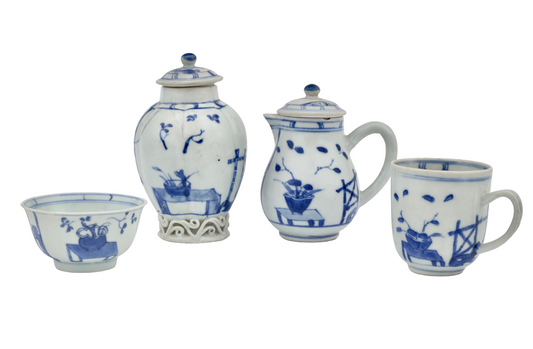 IMARI PAVILION PATTERN BLUE AND WHITE TEA SET C 1725, QING DYNASTY, YONGZHENG REIGN