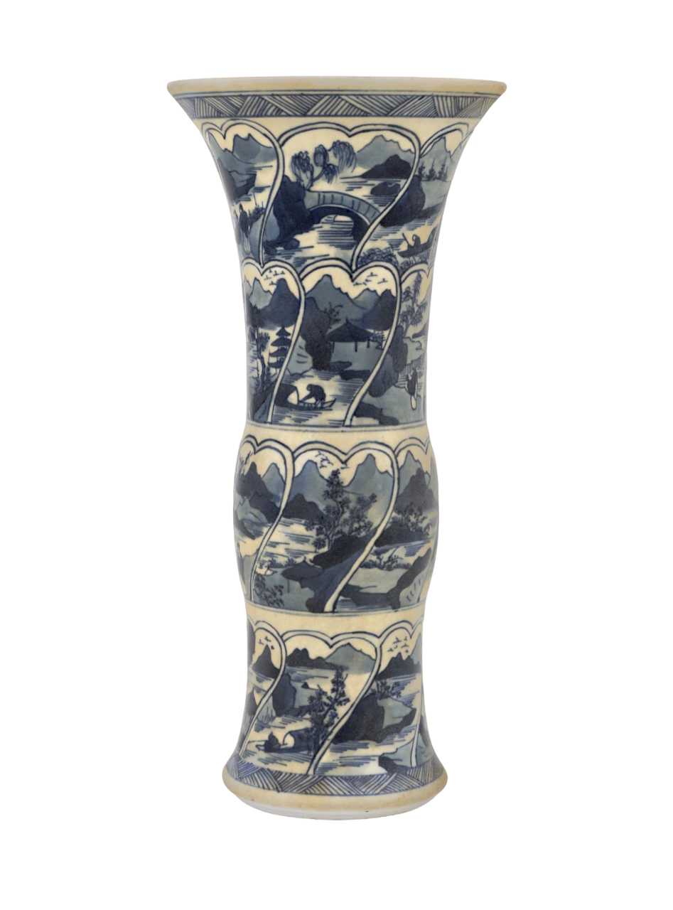 ANCIENT GU SHAPE BLUE AND WHITE 'RIVERSCAPES' VASE, QING DYNASTY, KANGXI ERA, CIRCA 1690