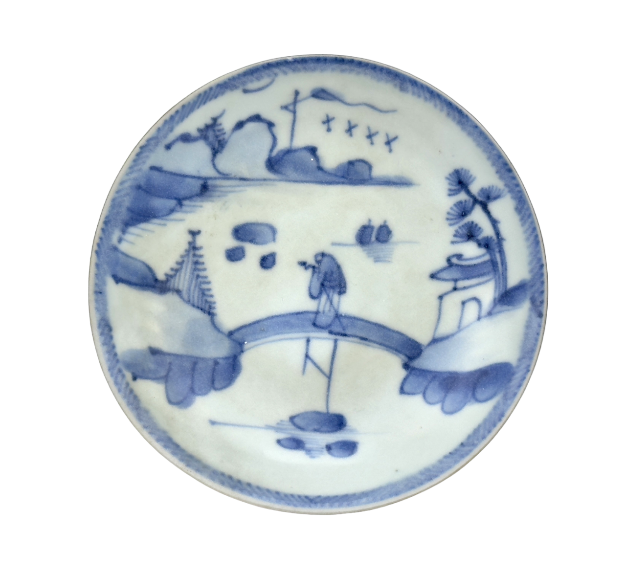 PASSING BOAT AND BRIDGE PATTERN BLUE AND WHITE TEABOWL AND SAUCER SET CIRCA 1725, QING DYNASTY, YONGZHENG ERA