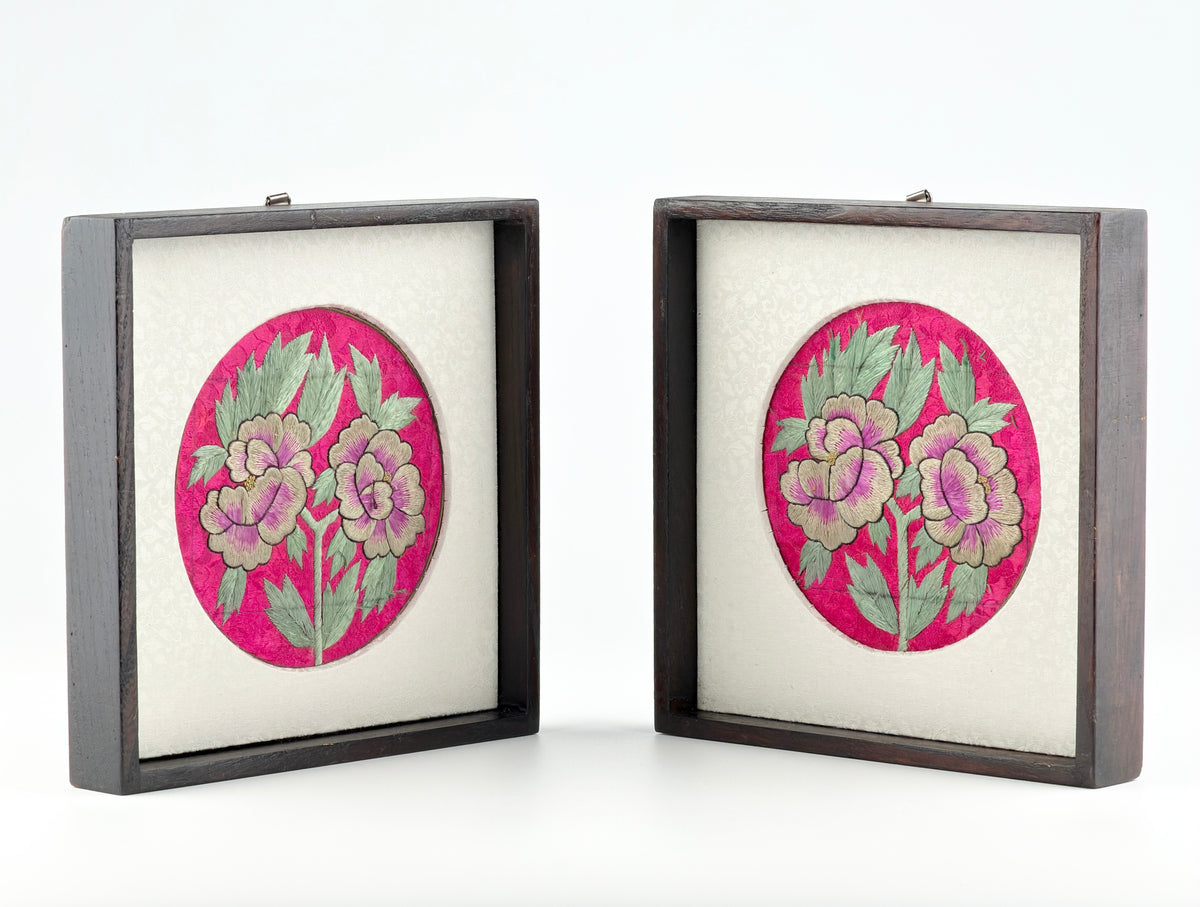 Antique Korean silk embroidery peony roundels in matching wood frames, traditional floral textile art, 19th–20th century.