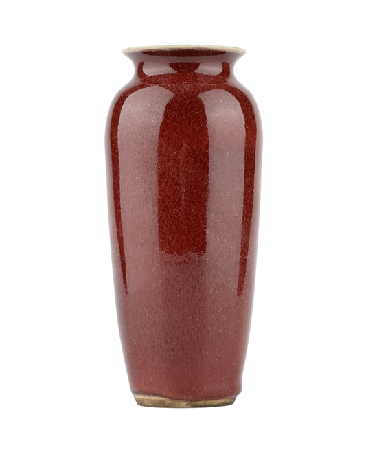 Qing Dynasty Langyao copper-red glazed porcelain vase with glossy purplish-red glaze and elegant balanced form.
