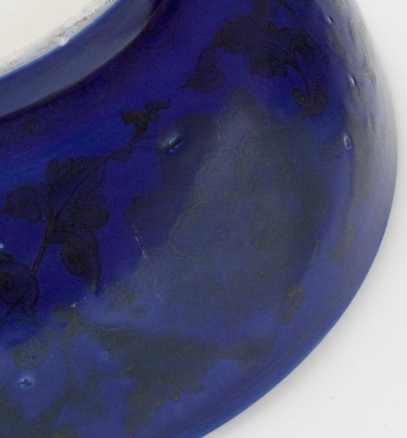 Large Qing Dynasty cobalt-blue glazed porcelain dish with rockwork and floral motifs, shipwreck-recovered, Kangxi-Yongzheng period.