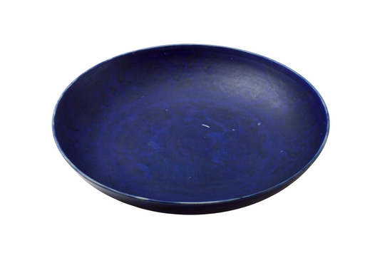 Large Qing Dynasty cobalt-blue glazed porcelain dish with rockwork and floral motifs, shipwreck-recovered, Kangxi-Yongzheng period.