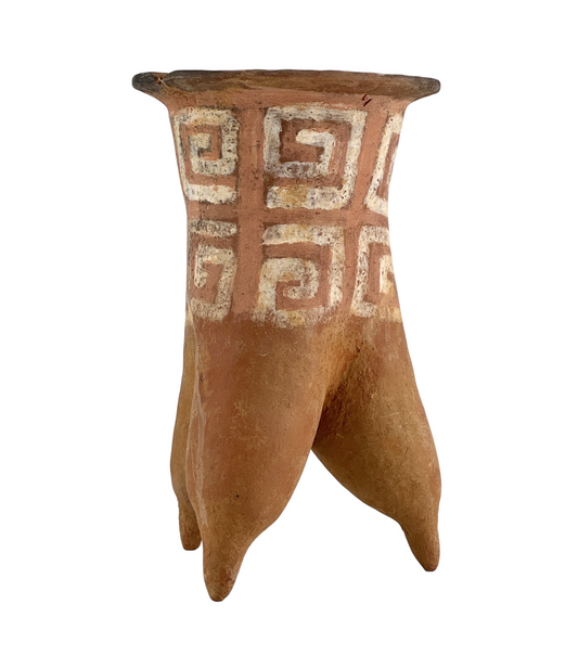 Lower Xiajiadian Culture Neolithic tripod li jar with three legs, reddish slip, and white geometric spiral decoration, 2000–1500 BCE.