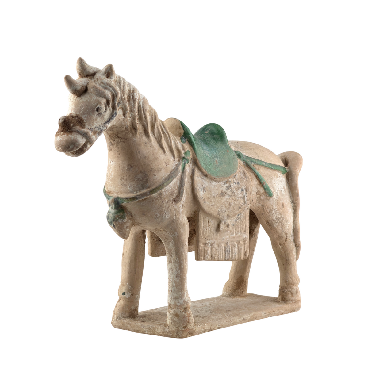 Ming Dynasty pottery horse figure with green-glazed saddle and harness, standing on a rectangular base with aged burial patina.