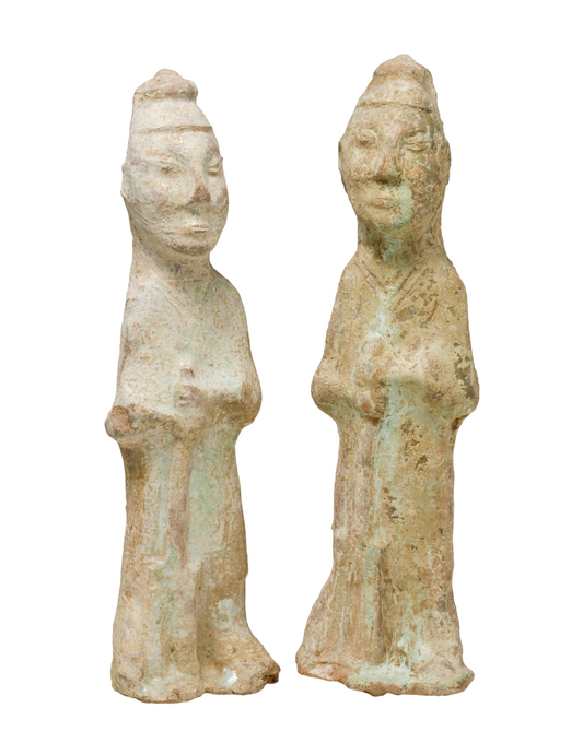 Two Green Glazed Figures Holding Pitchpork, Han dynasty