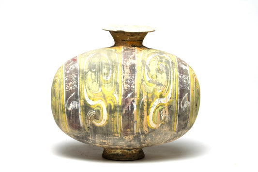 COCOON-SHAPED EARTHENWARE JAR WITH CLOUD-SCROLL DESIGN, WEST HAN DYNASTY, 206 B.C.–A.D. 9