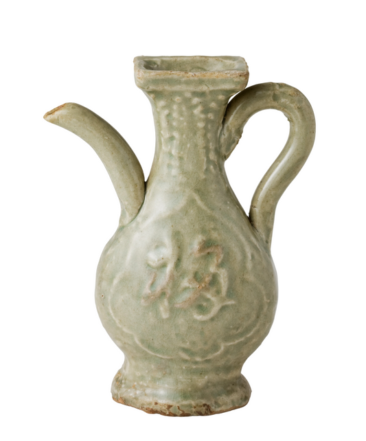 MOLDED LONGQUAN CELADON 'FU SHOU' EWER, MING DYNASTY