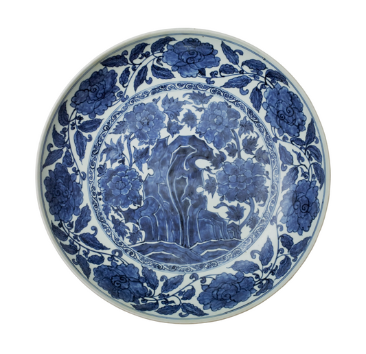 Large Blue and White with 'Rockwork and Flowers' Dish, Qing dynasty