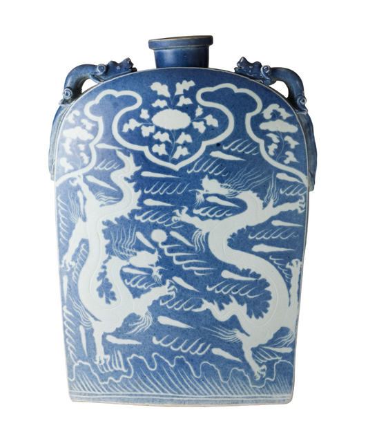 Rare Large Yuan-Style Blue and White Flask With Two Dragons and Special Reign Marks, Qing Dynasty